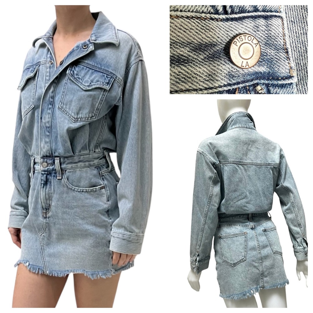 Pistola Nina Denim Mini Dress Reservoir Light Wash Long Sleeve Raw Hem Grunge XS